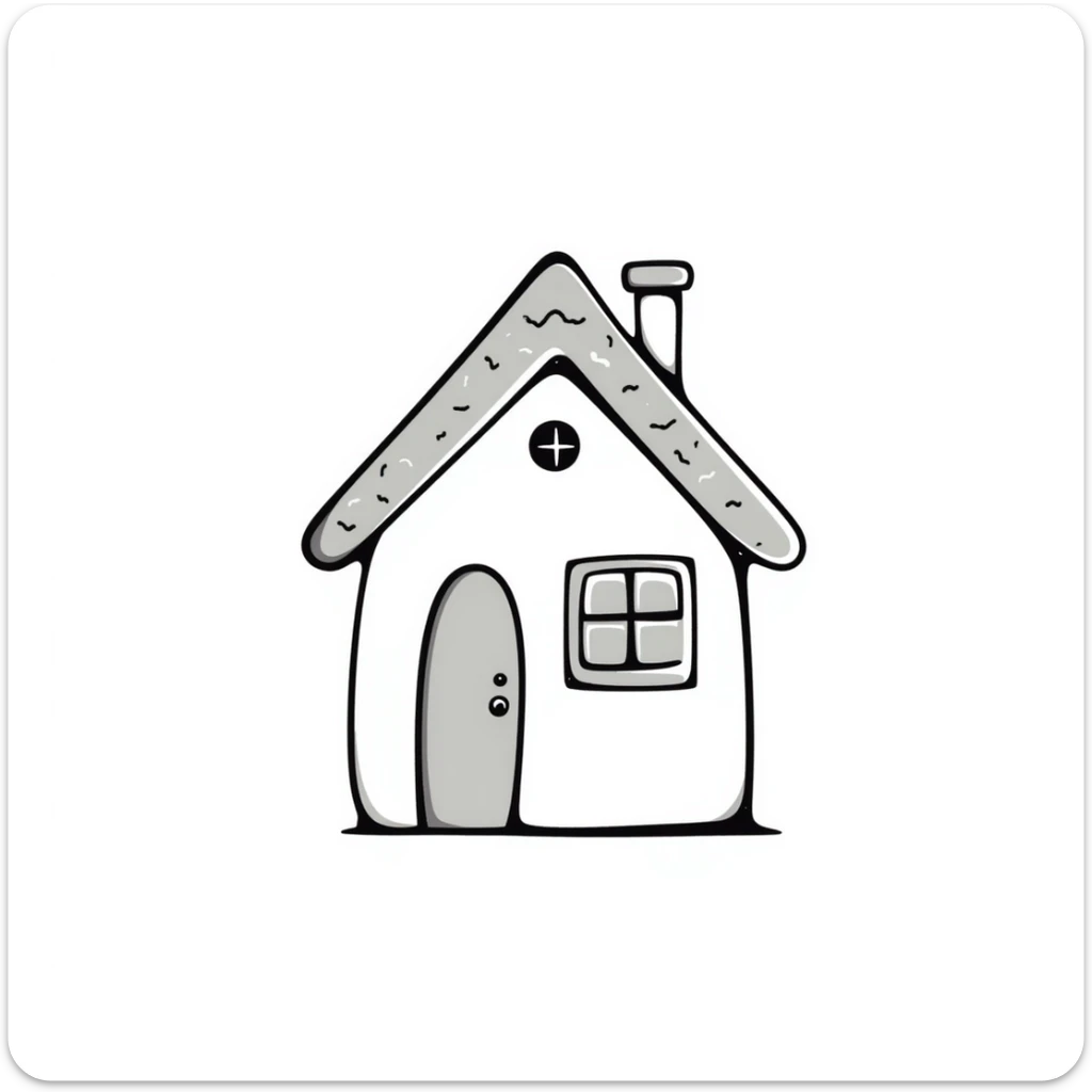 A cute small house/cottage with roof and windows in pastel colors (dd9fb0, ffc6d3, a3bfc9, c4bee2, f1b091), hand-drawn doodle style sticker
