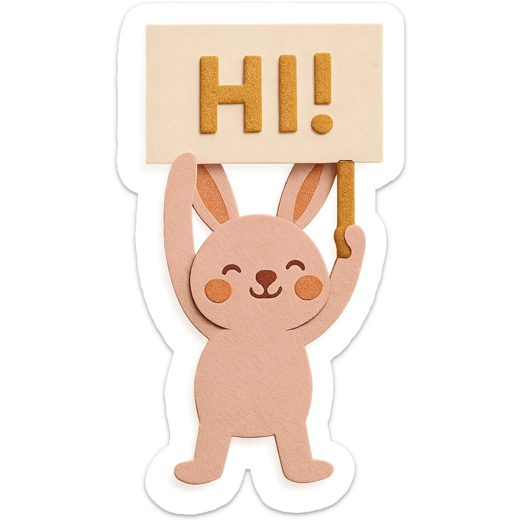 full-body rosy bunny holding a signboard high above its head, paper-craft style sticker