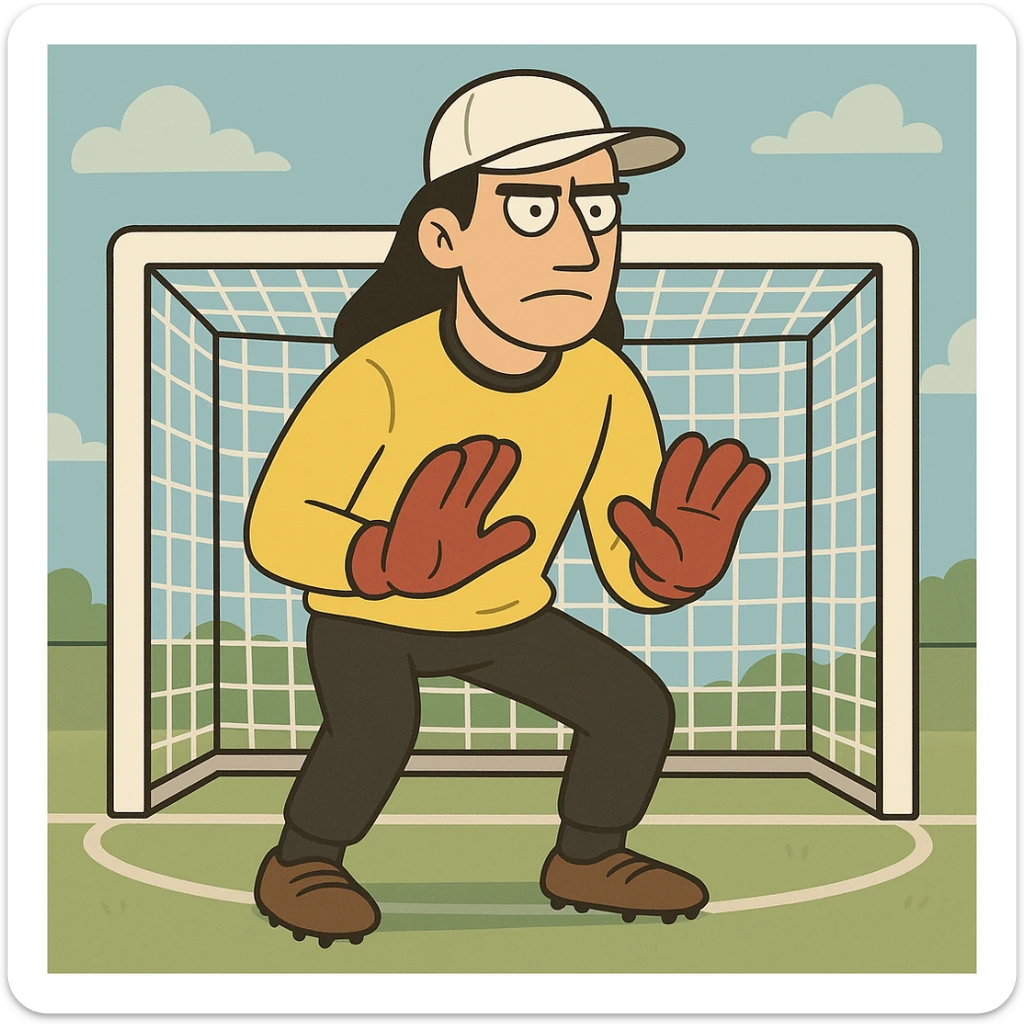 un portero de fútbol con uniforme amarillo, gorra blanca, cabello largo negro, pantalón negro, guantes rojos y expresión seria, estilo cartoon sticker