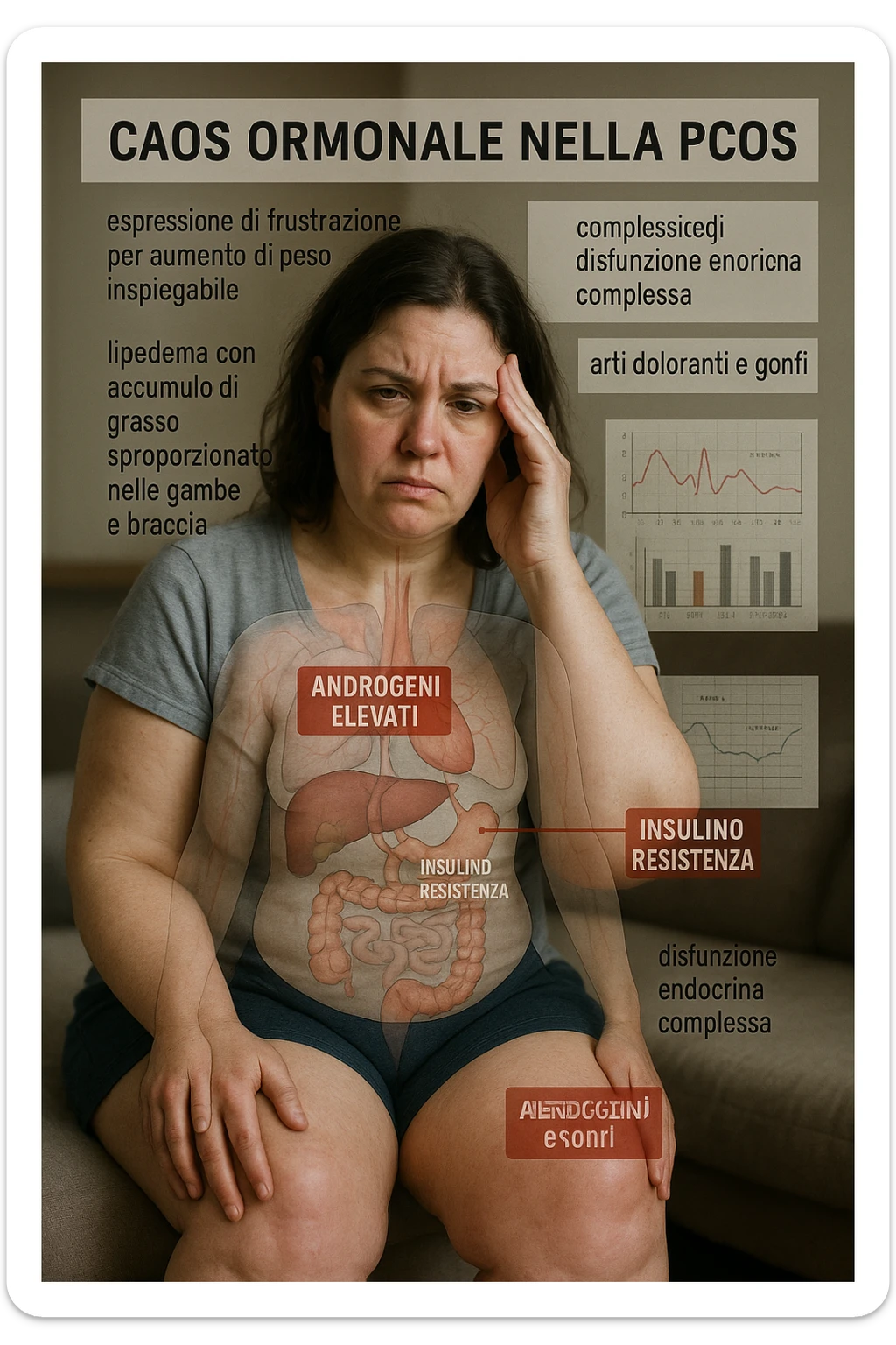 cinematic realistic Woman with PCOS struggling with hormonal chaos, transparent overlay showing elevated androgens and insulin resistance affecting her body, lipedema causing disproportionate fat accumulation in legs and arms despite normal torso, expression of frustration with unexplained weight gain, medical charts showing complex endocrine dysfunction, painful swollen limbs contrasting with metabolic confusion scrivi i testi in italiano sticker