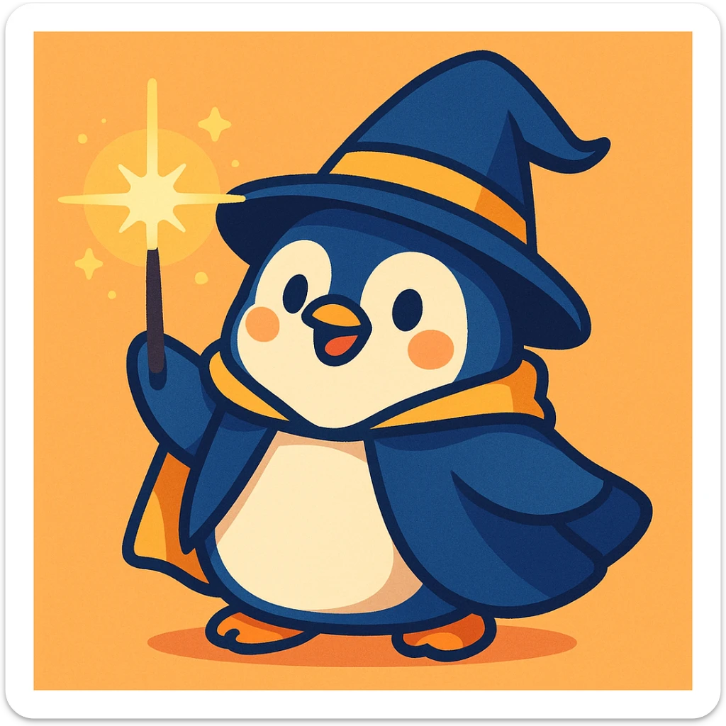 a chubby penguin with a wizard hat and cloak, holding a glowing wand, in a soft, rounded illustration style sticker