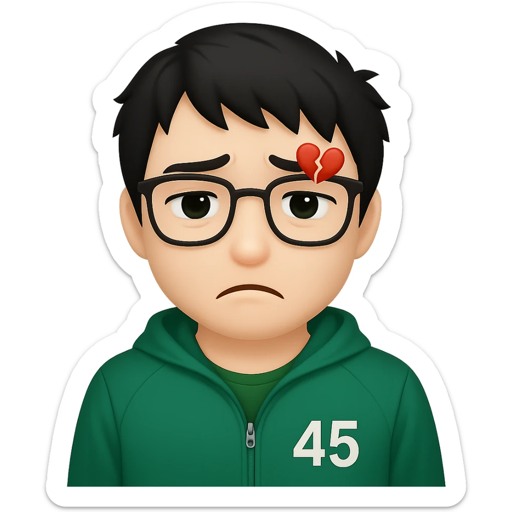 Edit the male character in a green Squid Game tracksuit with the number 456. Remove any cash or banknote from his hand. Make his glasses black. Keep his tired and emotional face with messy black hair, sad eyes, and a subtle heartbroken expression. The style should be cartoon emoji style with no paper or cash visible. sticker