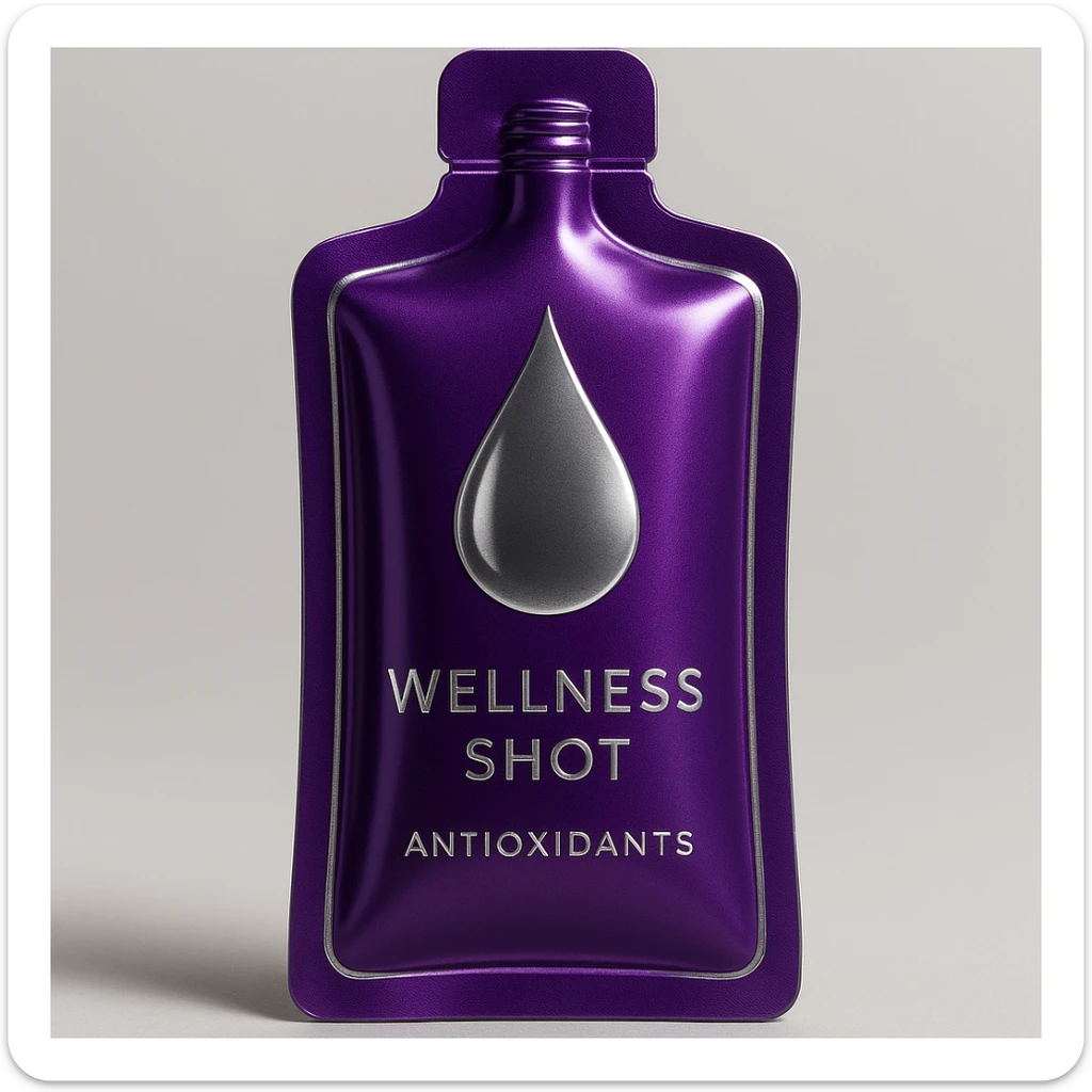 A sleek purple pouch with metallic silver details and a droplet symbol, styled as a luxury wellness shot for antioxidants, inspired by VELOVITA® RESERVE. sticker