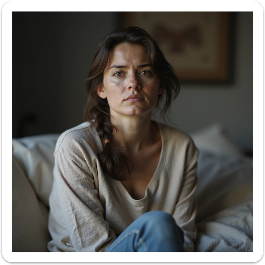 hyperrealistic 4K image of a woman with PCOS sitting with a curved posture and tired face, dull eyes, dark circles, acne, facial hair, thinning hair, simple clothing, realistic home environment sticker