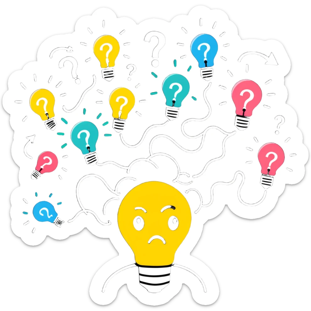 Person with a chaotic mind, swirling tornado of tangled thoughts around their head, containing question marks, light bulbs, and scribbles. The person has a bewildered, overwhelmed expression. sticker