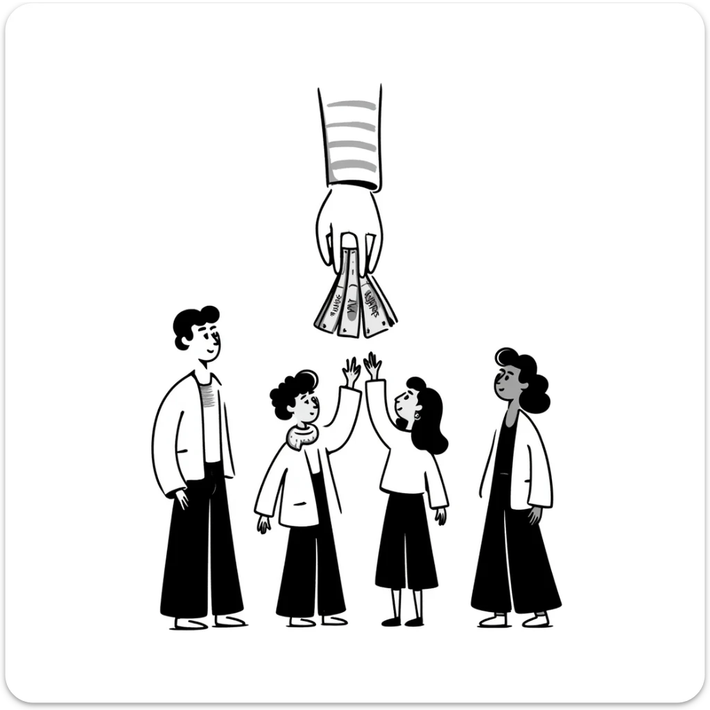 Hand giving money to family members, financial support concept sticker