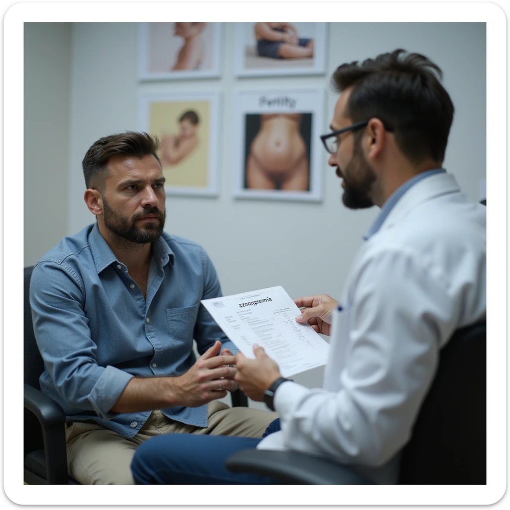 hyperrealistic 4K image of a man in his 30s sitting across from a urologist, showing him semen analysis results with 'azoospermia', urologist explaining, fertility posters on wall, anxious expression, clinical setting sticker