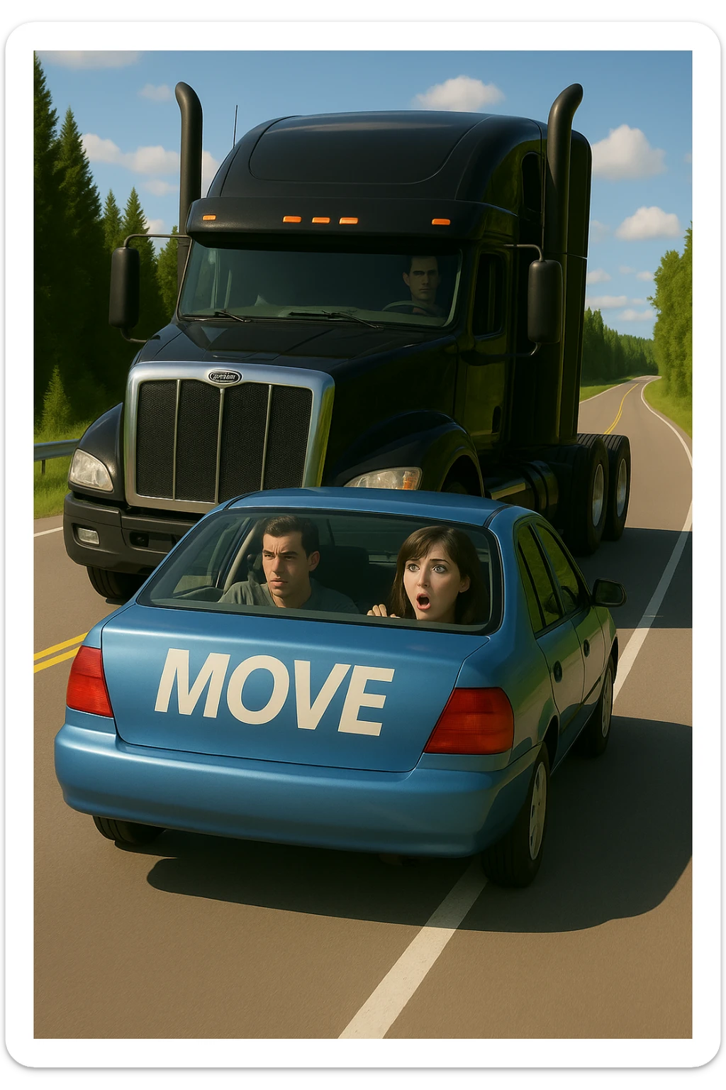 Make the entire scene brighter and more vibrant, keep the black semi truck without a trailer and a person in the car in front. sticker