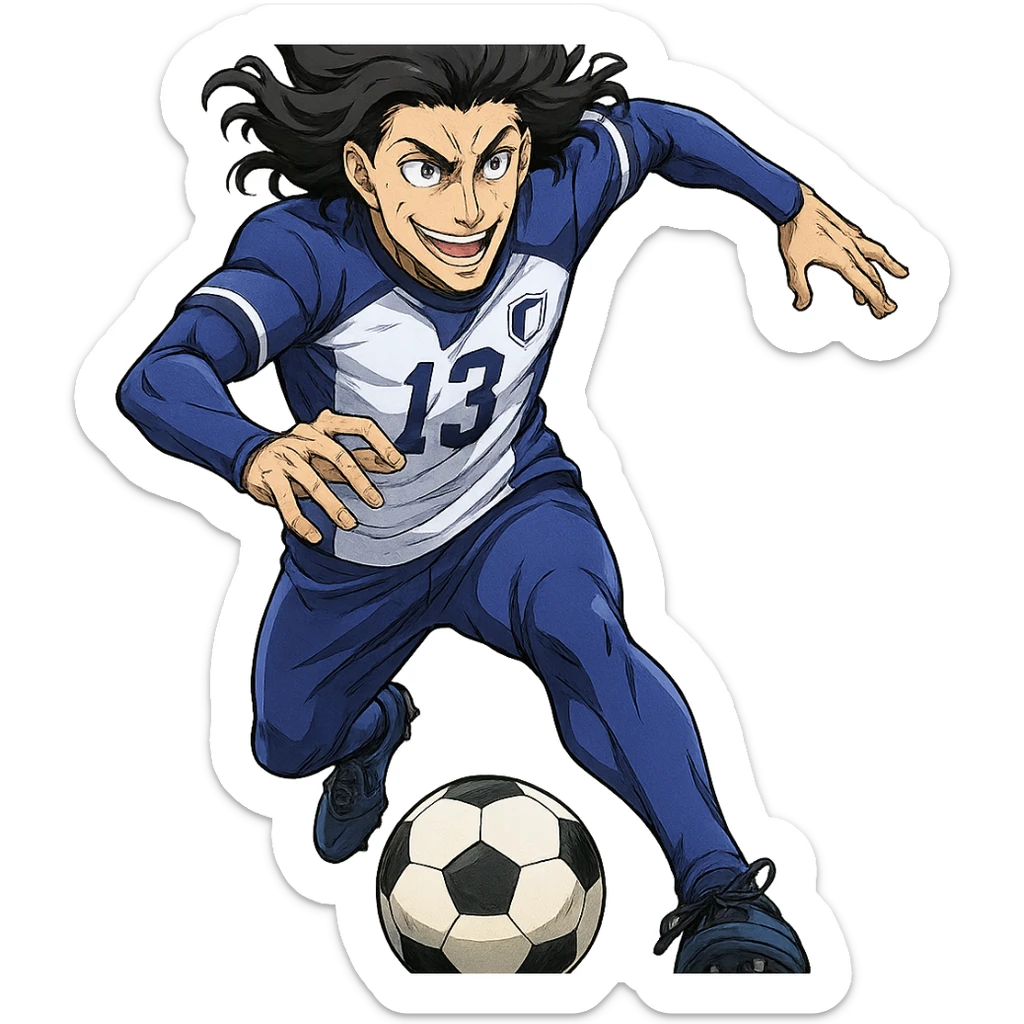 Don Lorenzo from Blue Lock, dribbling a soccer ball, energetic anime style, blue and white uniform, athletic build, no background sticker