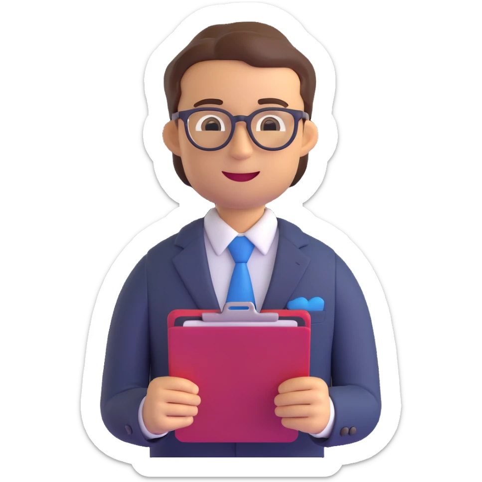 salesman emoji, confident, holding a clipboard, wearing glasses, business suit sticker