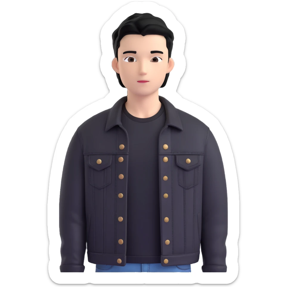 3D emoji Microsoft style, young man with black hair, wearing black t-shirt and black denim jacket, photo reference, slight shadow on face sticker