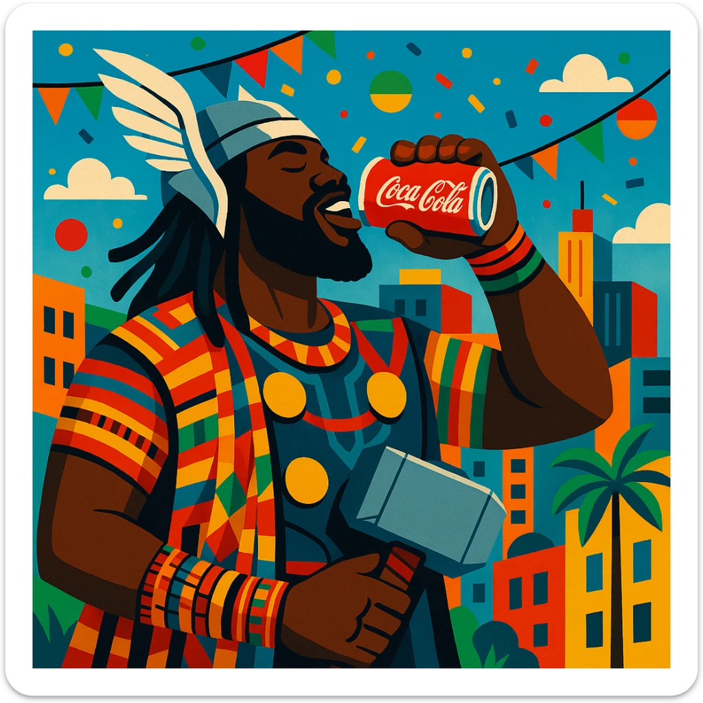 Thor with dark skin, in African attire, drinking Coca Cola, vibrant scene, colorful, festive atmosphere, modern African city backdrop sticker