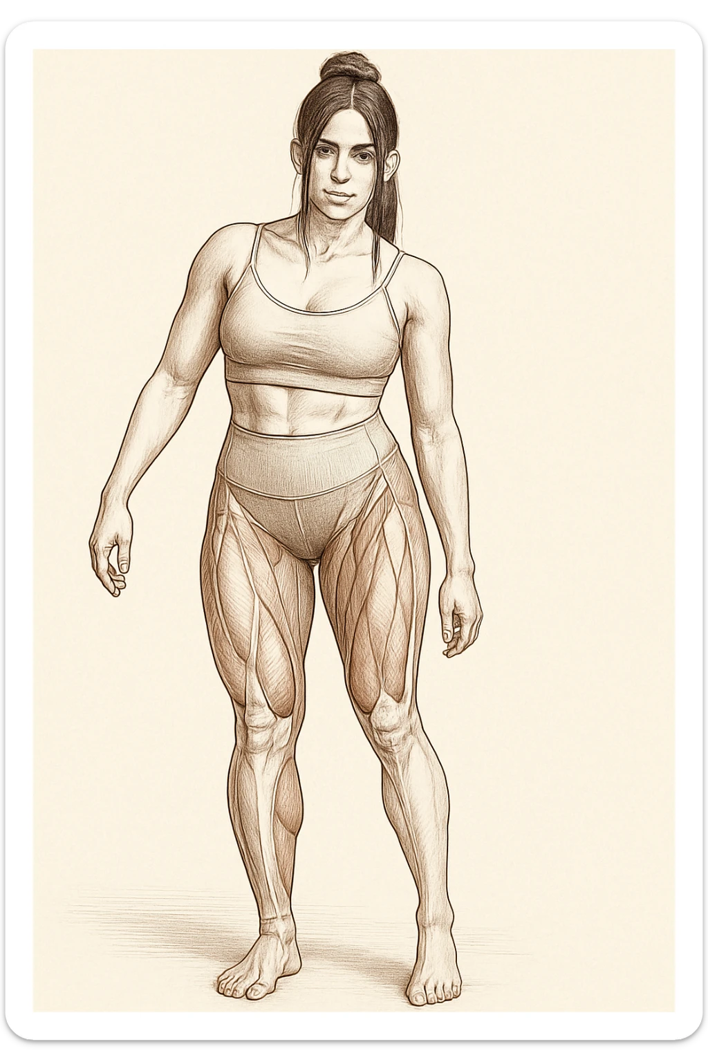 Anatomical style illustration inspired by the photo showing one leg visibly smaller and less hypertrophic than the other, highlighting the muscular difference between the legs, anatomical style, variant 5. sticker