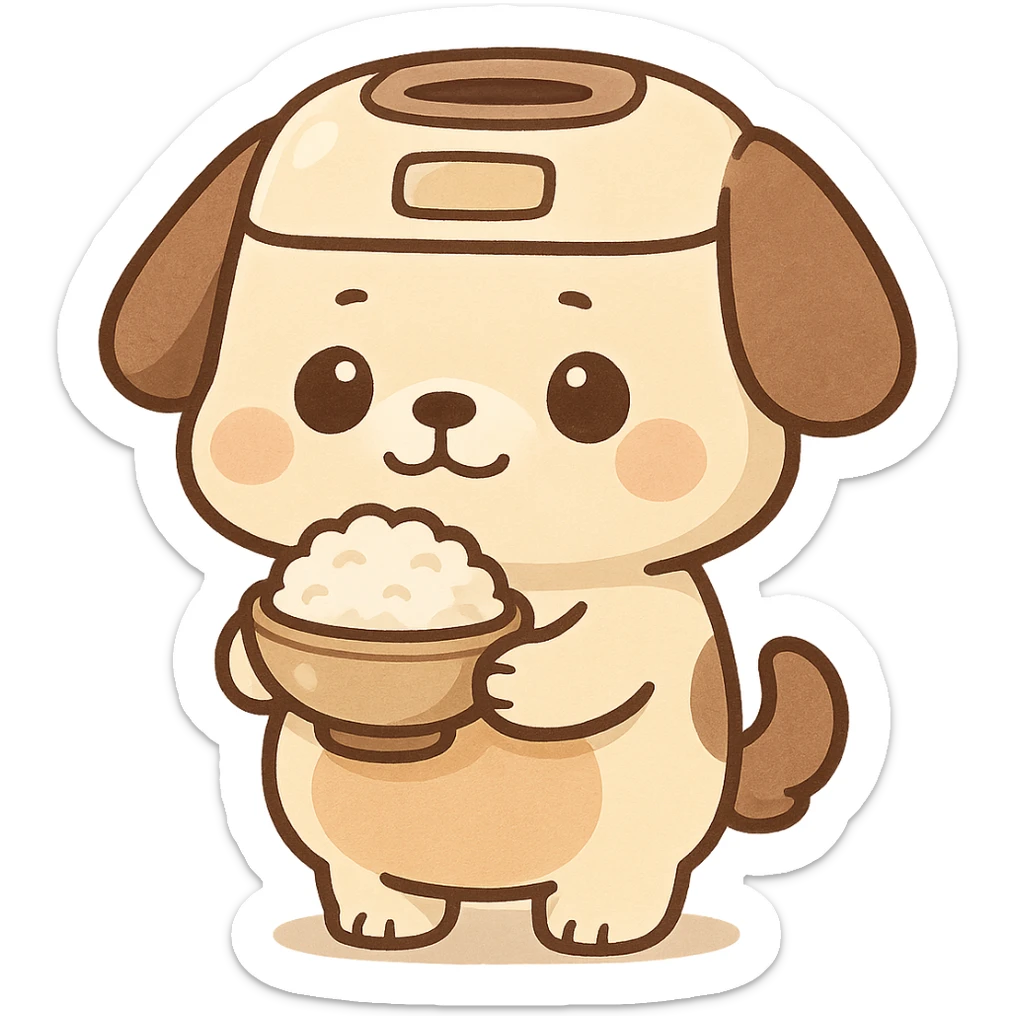 chibi rice cooker dog with a round belly, holding a rice bowl, soft cream and brown tones, full-body sticker