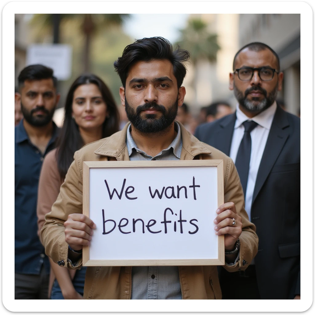 group of indian modern customers holding a board written "We want benefits"with a serious face sticker