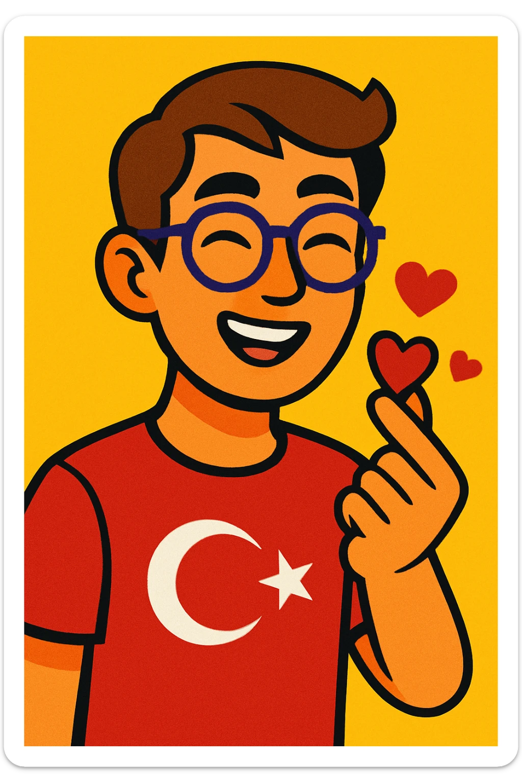 colorful and vibrant illustration of a Turkish young man with slightly slanted eyes, wearing glasses, making a heart gesture with his hand, slightly tanned and light brown hair sticker