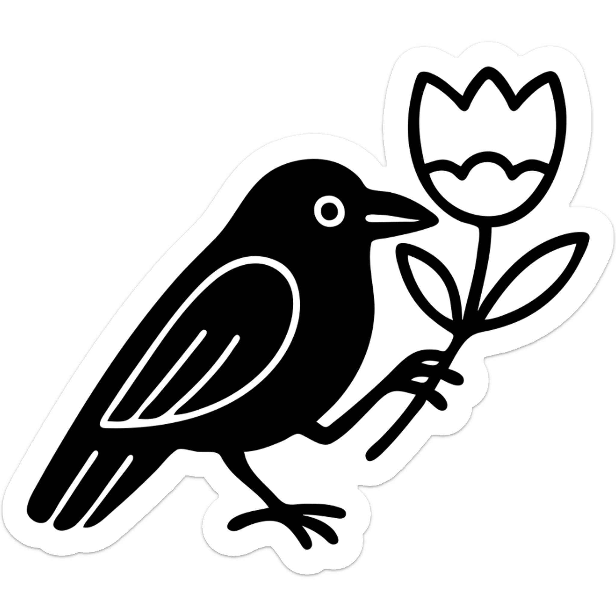 Return to the original crow design with a tulip flower in Scandinavian folk art style, matching the tulip motif in the heart. Use bright folk colors for the tulip, keep the black crow with bold black outline, motif also outlined in black, simple and clear design, transparent background. The style matches the previous heart set style with clear black outlines and folk art colors. sticker