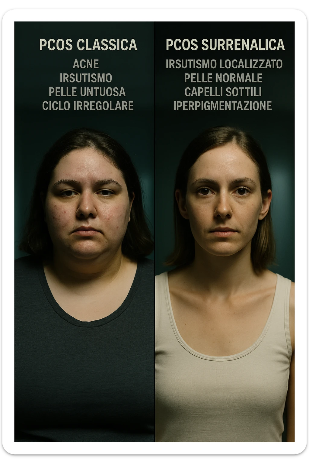 Immagine verticale realistica e cinematografica in italiano: confronto visivo tra PCOS classica e PCOS surrenalica in due donne, con sintomi e segni fisici distinti. Luci cliniche drammatiche. Didascalie in italiano. Aspect ratio 2:3. sticker