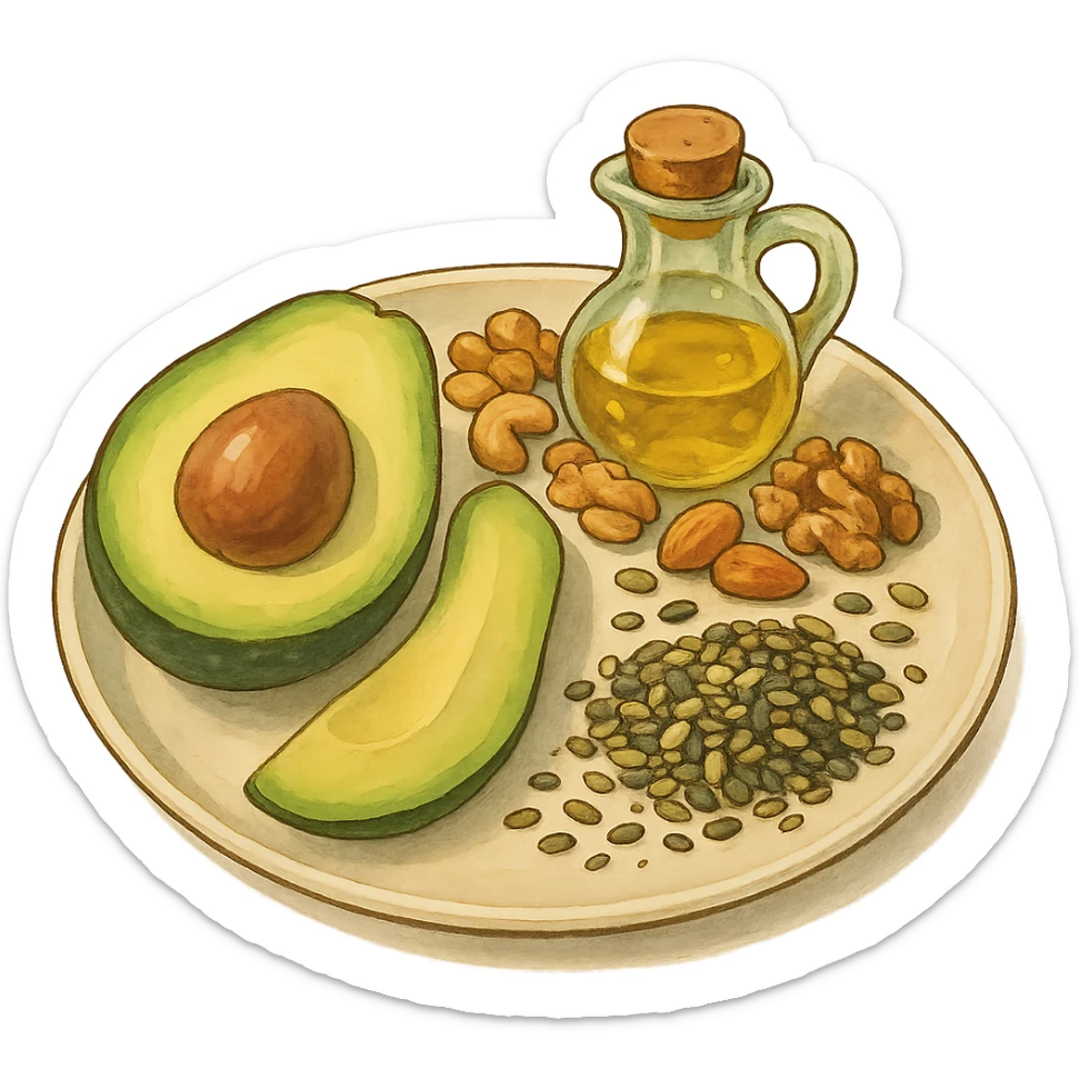plate with avocado, nuts, olive oil, and seeds in ghibli style sticker