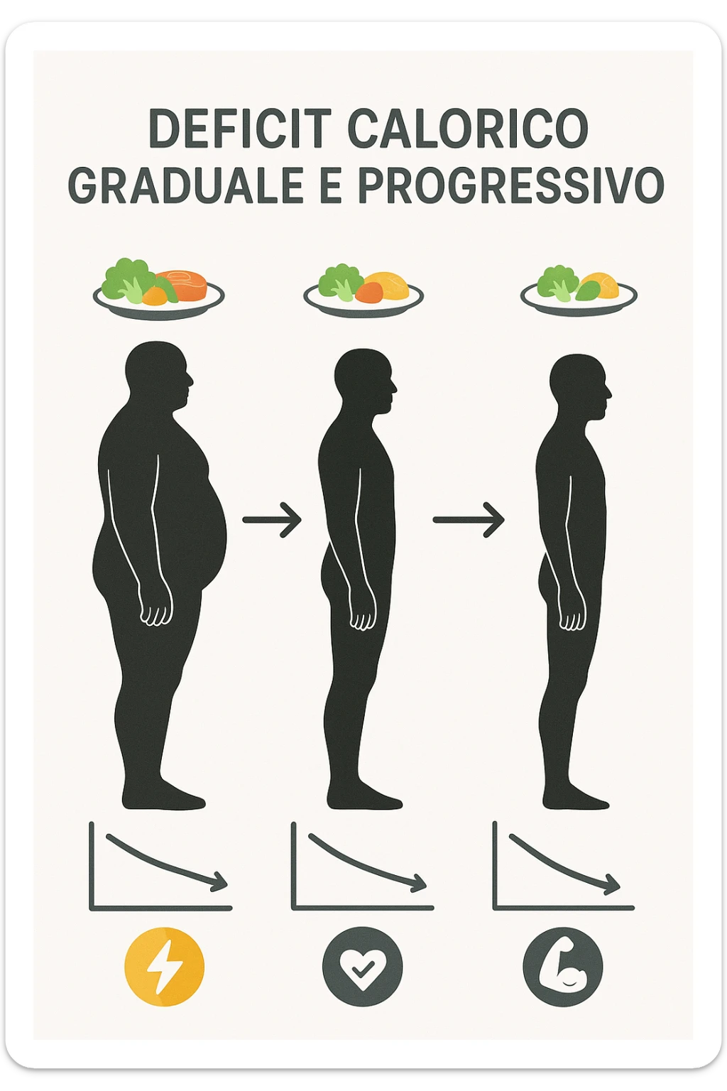 una sequenza di tre sagome umane affiancate, ognuna rappresenta una fase diversa di perdita di peso graduale. Sopra ogni figura, un piatto mostra porzioni di cibo bilanciate ma leggermente ridotte. Frecce e grafici illustrano una diminuzione lenta e costante dell’apporto calorico giornaliero, con icone che rappresentano energia, salute e mantenimento della massa muscolare. Sfondo pulito e moderno, con etichette chiare che spiegano “deficit calorico graduale e progressivo” in italiano sticker