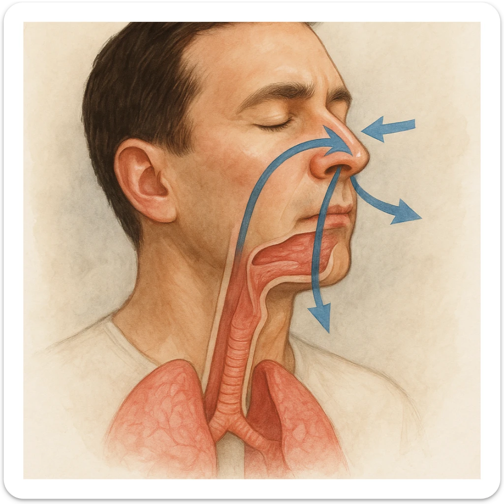 realistic illustration of a person deeply inhaling through the nose with arrows showing airflow, caption in Italian sticker