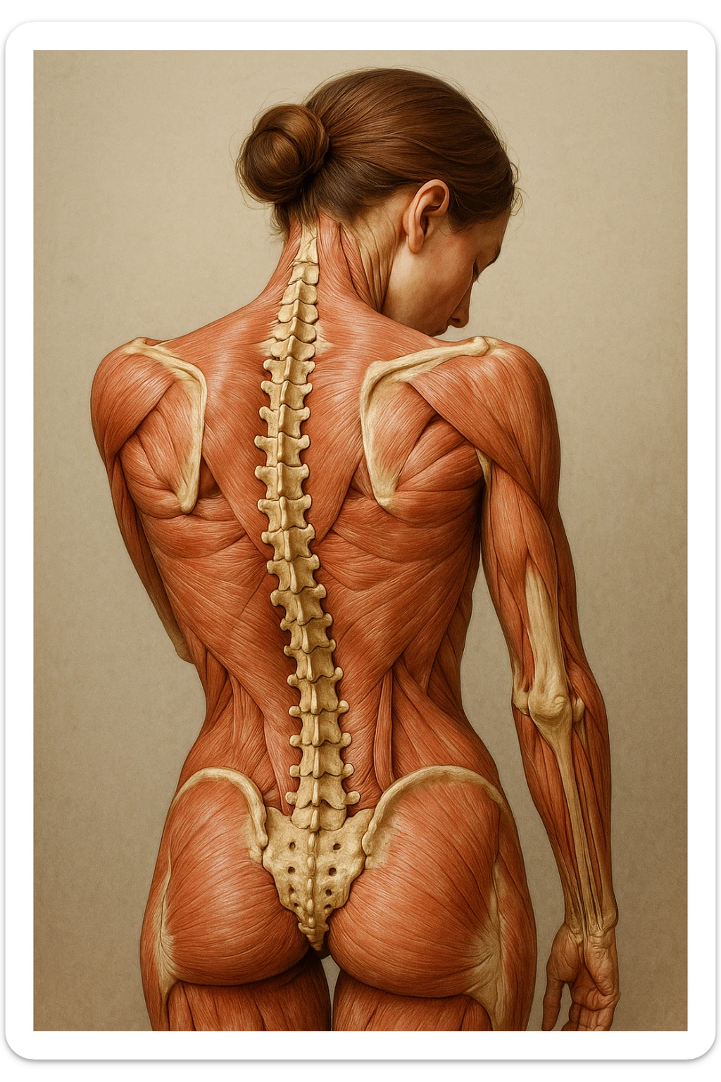CORPO UMANO ANATOMICO di una donna con spalle chiuse e postura incurvata, spina dorsale in evidenza, IPERREALISTICO 4K sticker