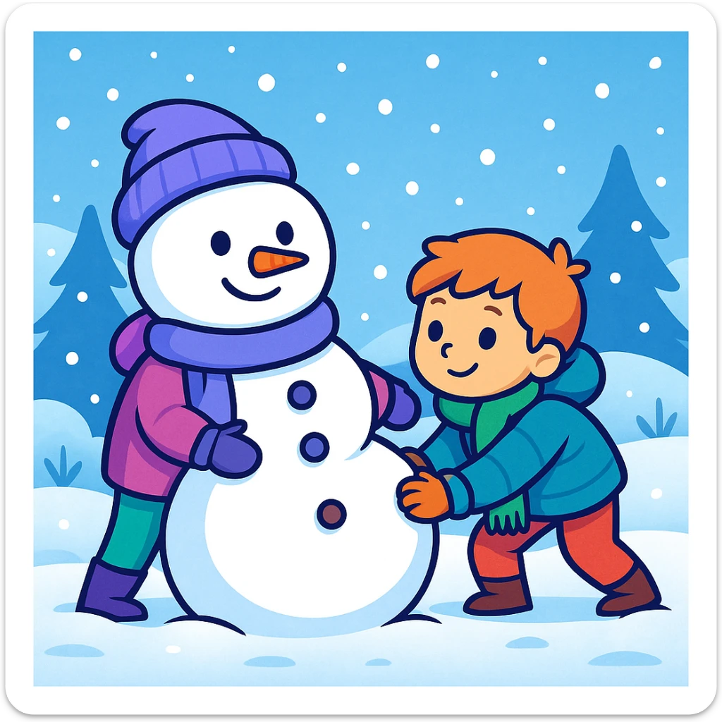 Show two different kids (different hair and clothing colors) building a snowman in a snowy background, keep the sticker style sticker