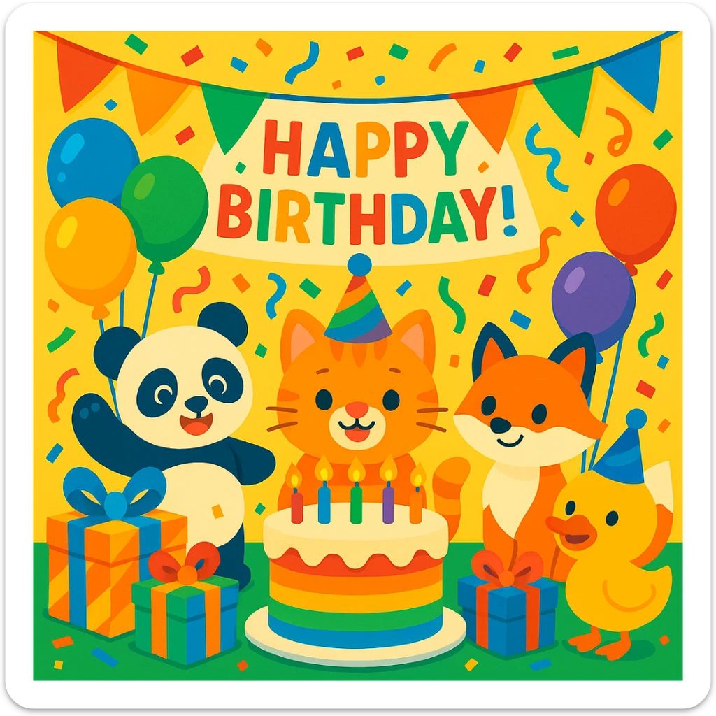 vibrant-toon style birthday party scene with a rainbow color theme including rainbow balloons, multicolored decorations, confetti, a large rainbow birthday cake, gifts, and a festive atmosphere. Main character is a ginger tabby kitten wearing a birthday hat, surrounded by a panda, fox, and duck also celebrating. Prominent 'Happy Birthday!' message included in the scene. sticker