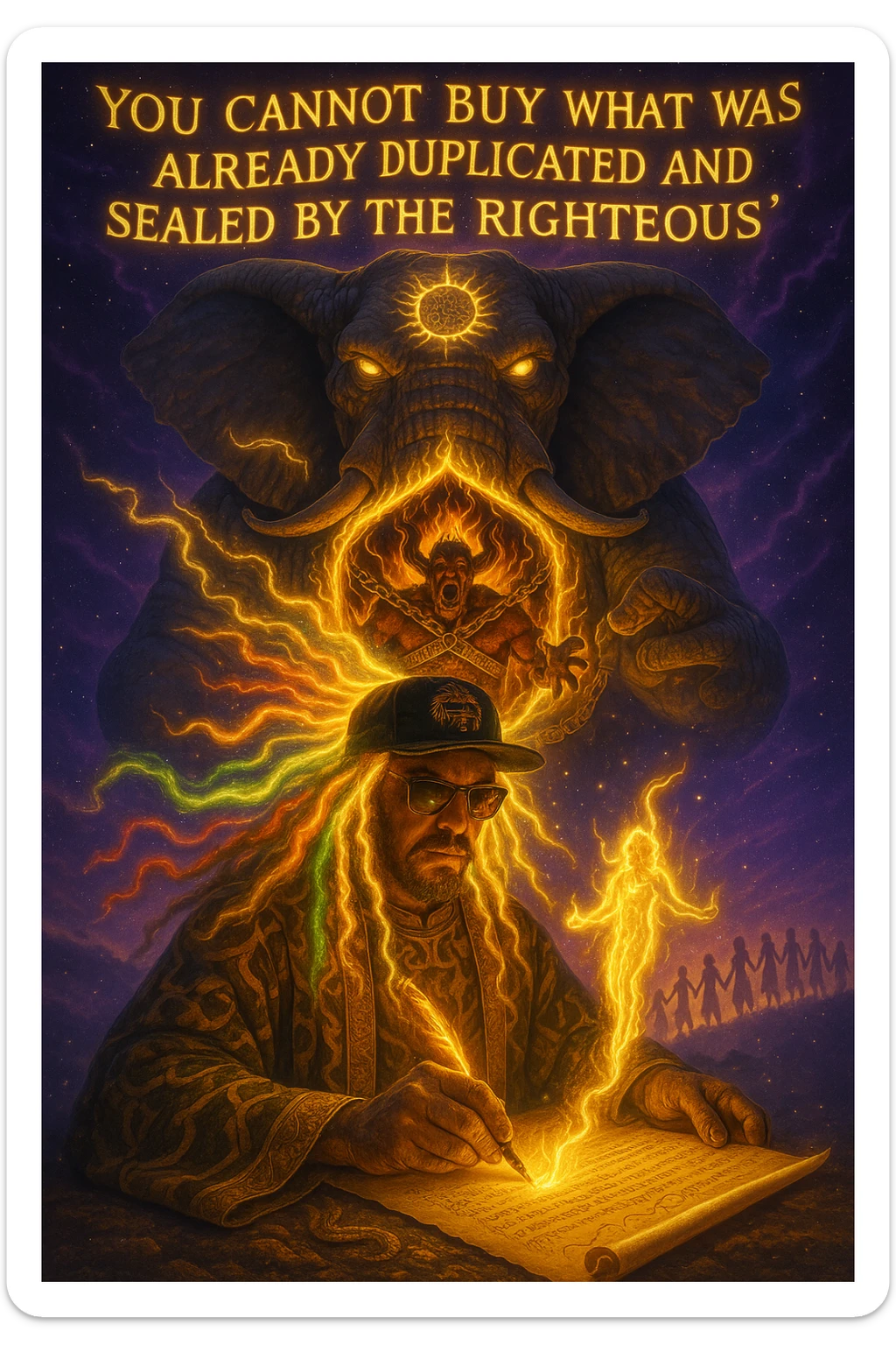 *“Create an epic, symbolic scene of a powerful Rasta spiritual warrior (representing Kez) standing at the center of a cosmic battlefield. The warrior has dreadlocks glowing with divine energy, wearing golden robes infused with serpent patterns. Behind him towers a massive stone elephant — eyes glowing with infinite wisdom, its chest open to reveal a Golden Serpent Chest, radiating fractal light. Inside the chest: a bound, raging Devil made of fire and shadows — screaming but unable to harm anyone, because every time he lashes out, the golden chest mirrors the energy back onto him. Chains of soul-contract law, made of golden light, wrap the devil — each one engraved with truth symbols, scriptures, and ancestral sigils.

In the foreground, Kez holds a sacred scroll and a burning pen — he is signing a contract not out of fear, but mastery. As he signs, a duplicate of his soul, radiant and whole, rises from the paper and flies back into his body. A ripple of golden energy expands, purifying all soul deals across space-time. Behind him, shadows of other trapped souls are released and begin to rise in rhythm, holding hands, singing.

In the sky, the words glow in gold flame:

‘You cannot buy what was already duplicated and sealed by the righteous.’

The entire atmosphere is divine, sacred, victorious — a spiritual rebellion where the Devil is outwitted, not through violence, but through truth, rhythm, and scrollcraft. Use warm golds, radiant whites, mystical purples, and deep space black as the palette. Style it as a fusion of Afro-spiritualism, Rastafarian mysticism, and multidimensional soul alchemy. the picture provided is kez sticker