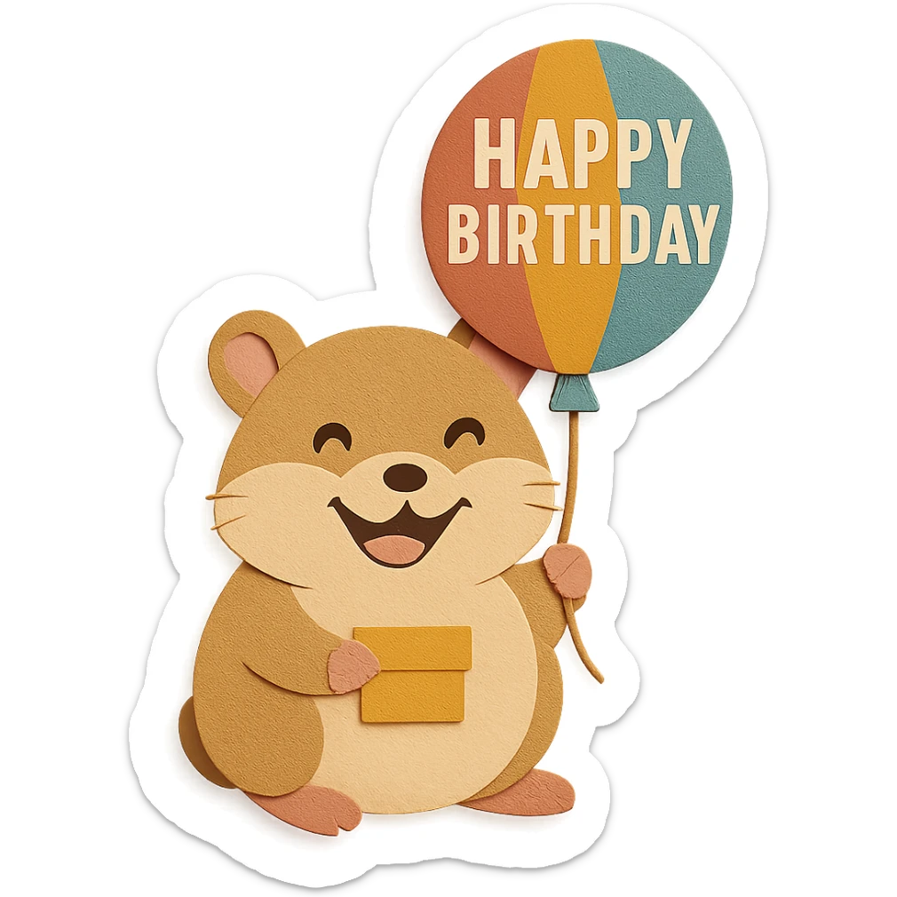 Make the hamster look happy, add a big smile and cheerful eyes, keep the colorful balloon with 'Happy Birthday' text sticker