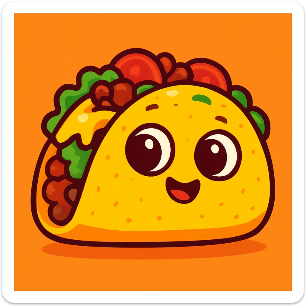 cute Mexican taco, cartoon style, big eyes, vibrant colors, simple background sticker