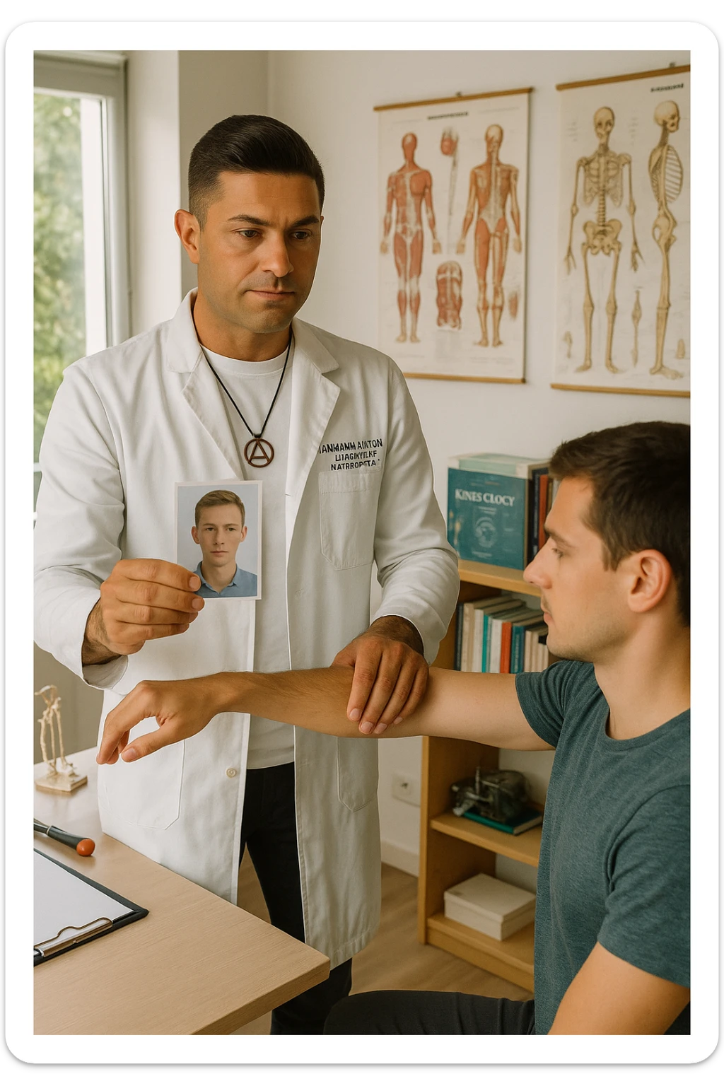 a middle-aged man, dressed in casual professional attire, is in a bright, organized therapy studio. Durante una visita di kinesiologia, il ragazzo tiene con una mano la foto di una persona lontana (il “testimone”) tiene la foto in mano, mentre con l’altra mano esegue un test muscolare su un cliente presente senza foto. Sullo sfondo si vedono libri di kinesiologia, poster anatomici e strumenti tipici della disciplina. L’atmosfera è concentrata e serena, con luce naturale che entra dalla finestra, sottolineando l’aspetto alternativo e umano della pratica. sticker