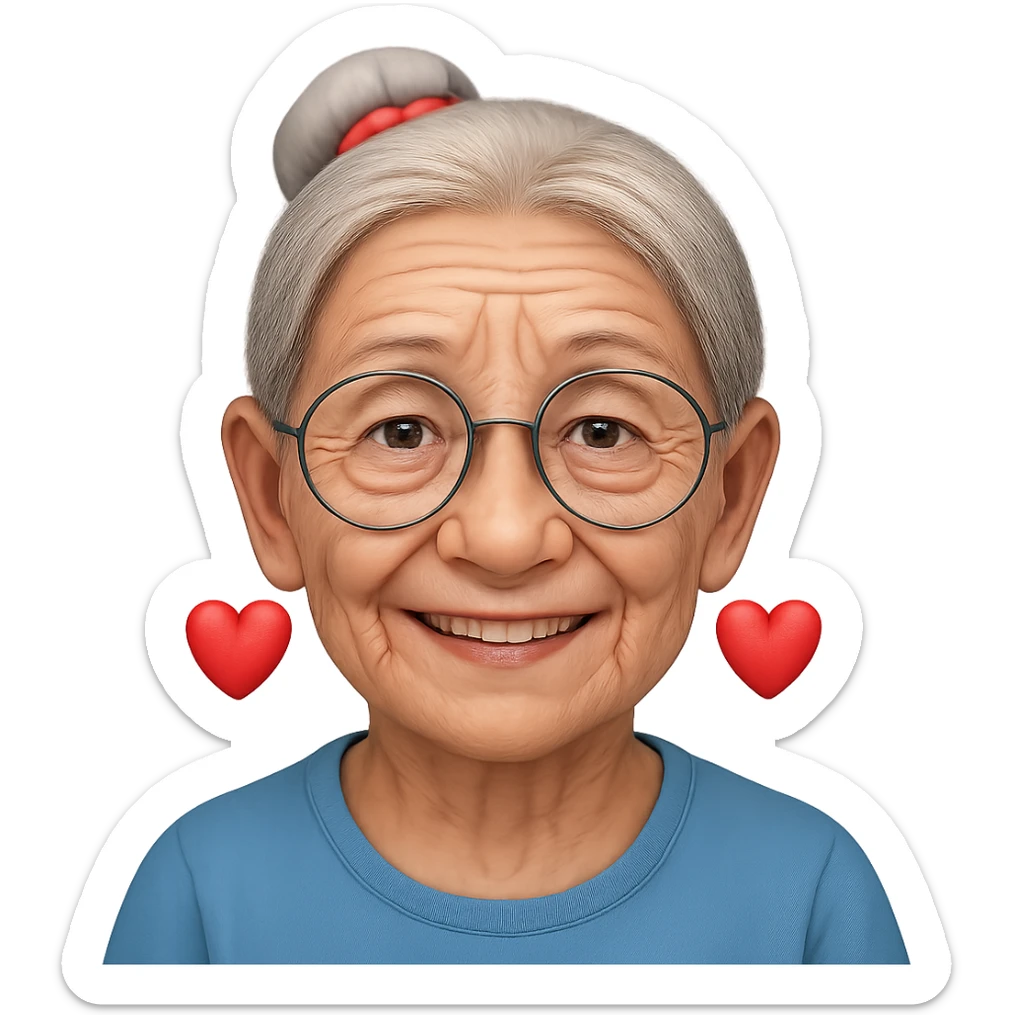 Make the lady look even older with more pronounced wrinkles, thinner hair, and a more aged appearance in the style of apple style emojis. Focus on enhancing the aged features while keeping the emoji style consistent. sticker