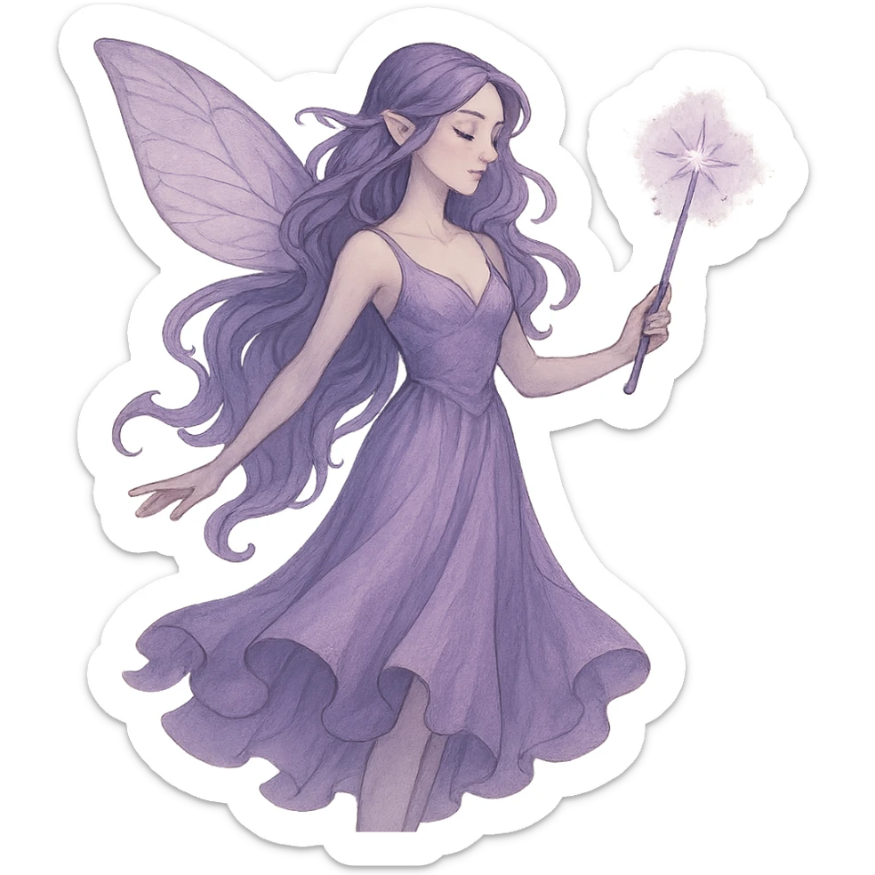 elegant purple fairy, sparkly wand, fantasy illustration sticker