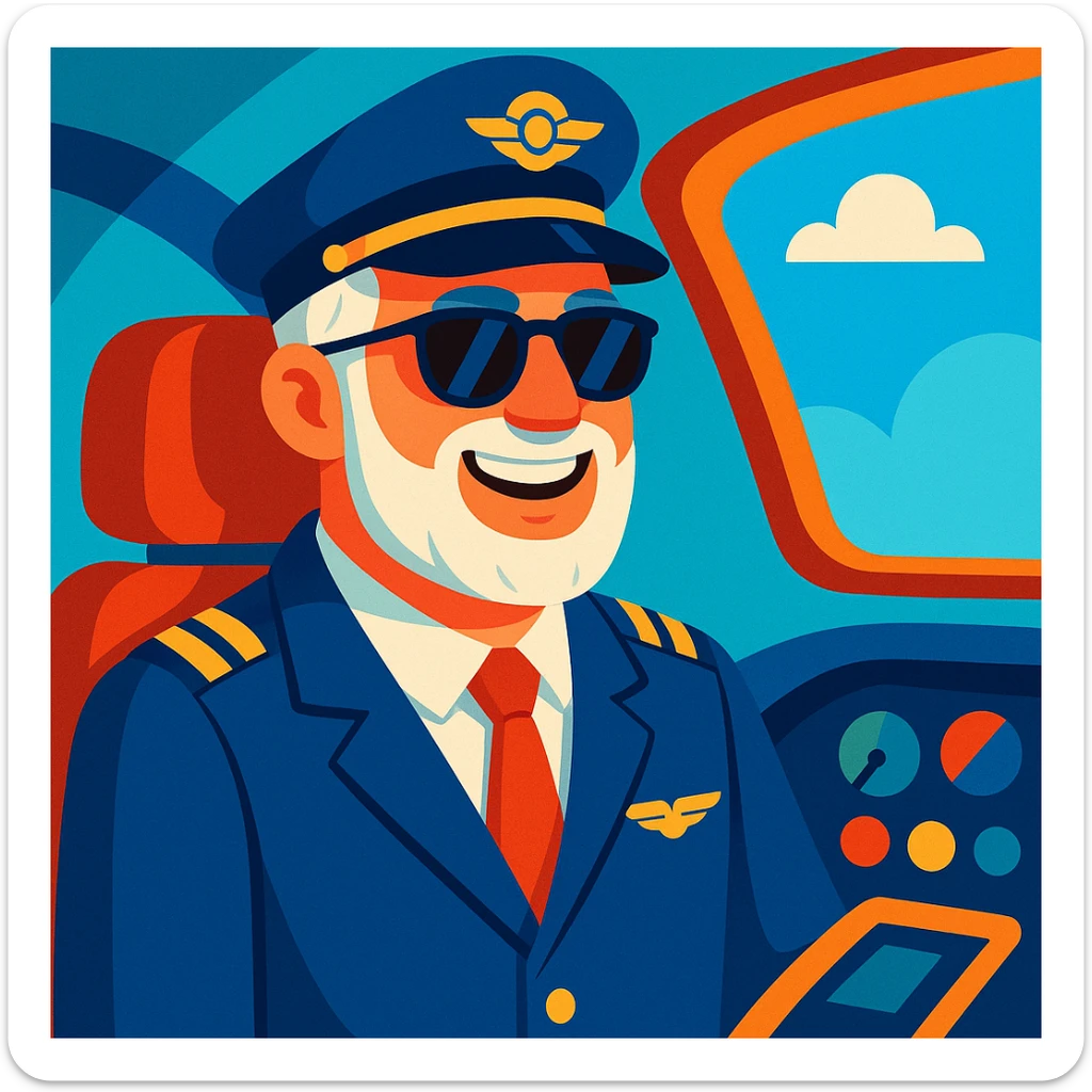 middle-aged male pilot, white skin, silver hair, beard, smiling, wearing sunglasses, vibrant toon cartoon style sticker