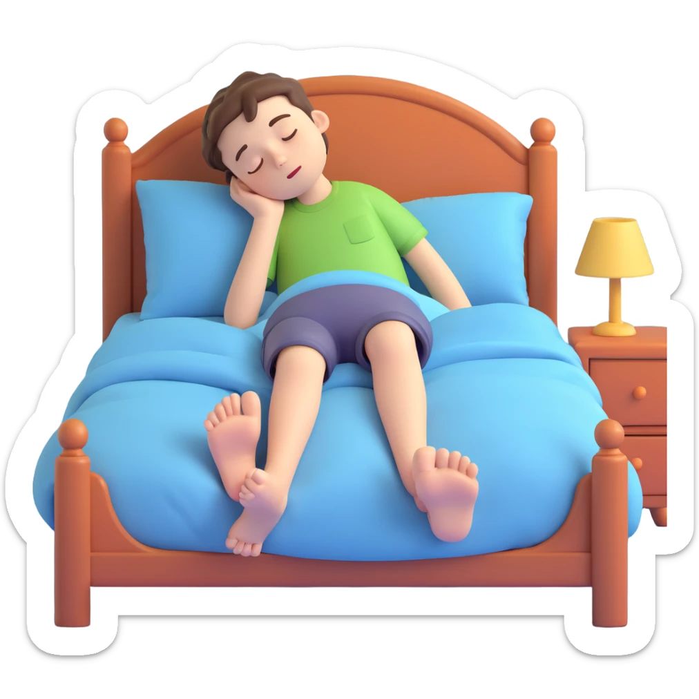 cartoon boy sleeping in bed with his feet poking out, cute and whimsical sticker