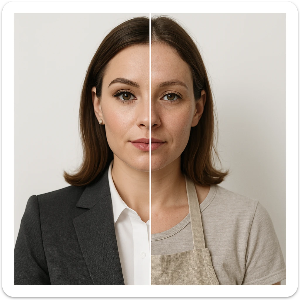 split-image of a woman, one half of her face with professional makeup and business office attire, the other half natural and makeup-free, wearing a kitchen apron like a homemaker, symmetrical composition, white background, realistic style, clear contrast between the two roles sticker