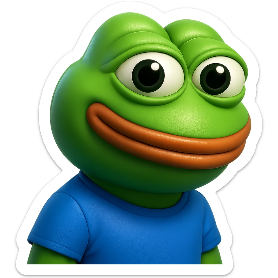 pepe in
- 3d style
- bright green
- blue shirt
- smiling
- looking straight at the camera
- good highlights and shadows
- 30deg angled towards the right sticker