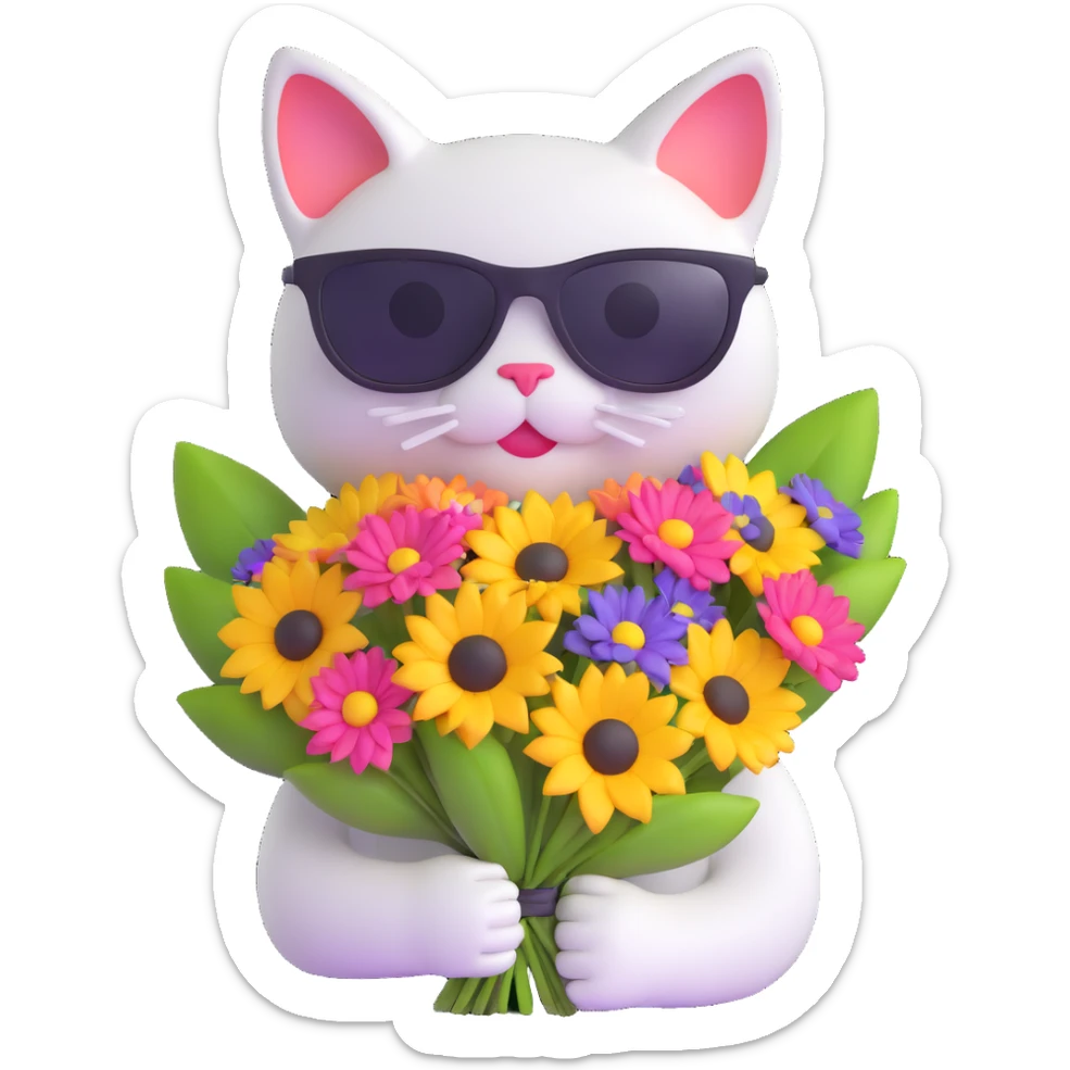 cat wearing sunglasses holding a bouquet of flowers sticker