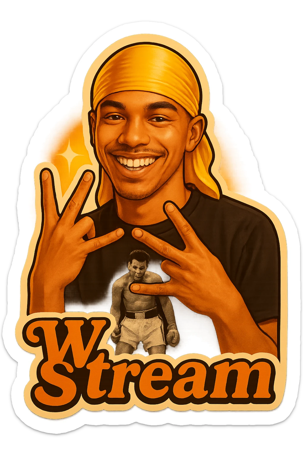Make him Smiling 
Form a W with fingers
Change His durag To yellow
Add the words W Stream sticker