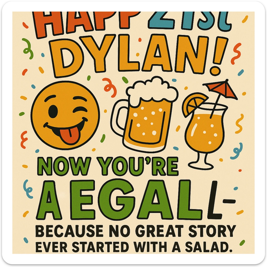 Add the funny drink quote: 'Alcohol—because no great story ever started with a salad.' Keep all original graphics and style. sticker