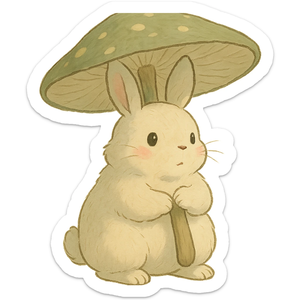 chubby bunny holding a mushroom umbrella, pastel beige and moss green, soft Ghibli style sticker