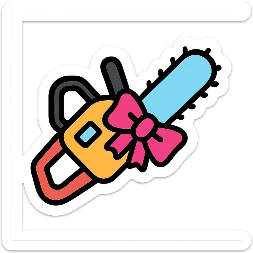 simple icon of a chainsaw with a pink bow, minimalistic, clear lines, easy to recognize sticker