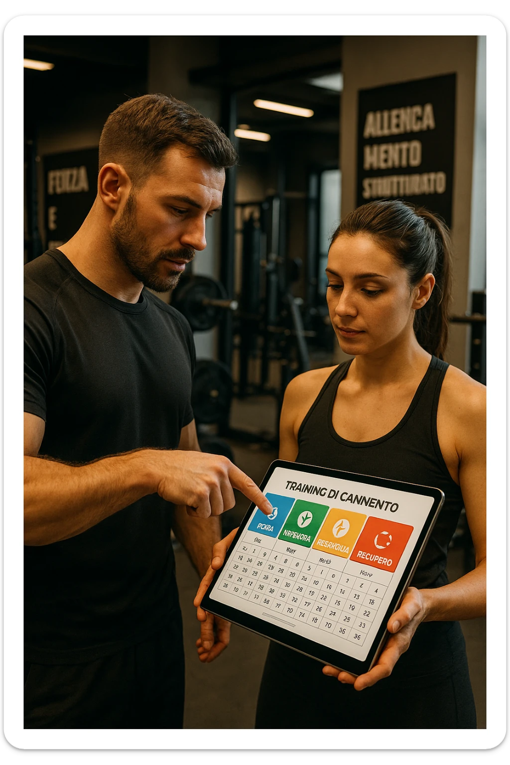 realistic cinematic photo a personal trainer and a client stand in a modern gym, reviewing a large, color-coded training calendario or chart on a tablet. The calendario shows different phases (Forza, Ipertrofia, Resistenza, Recupero) with icons and dates. Around them, gym equipment and motivational posters reinforce the idea of structured, periodized training. in italiano sticker
