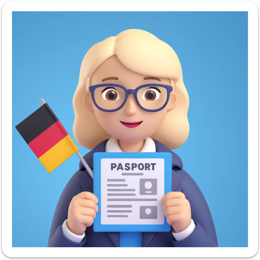 Add a background with the German flag. The universal character holds a passport or permanent residence document in hands. Maintain the 3D style. The character is neutral, friendly, and official. sticker