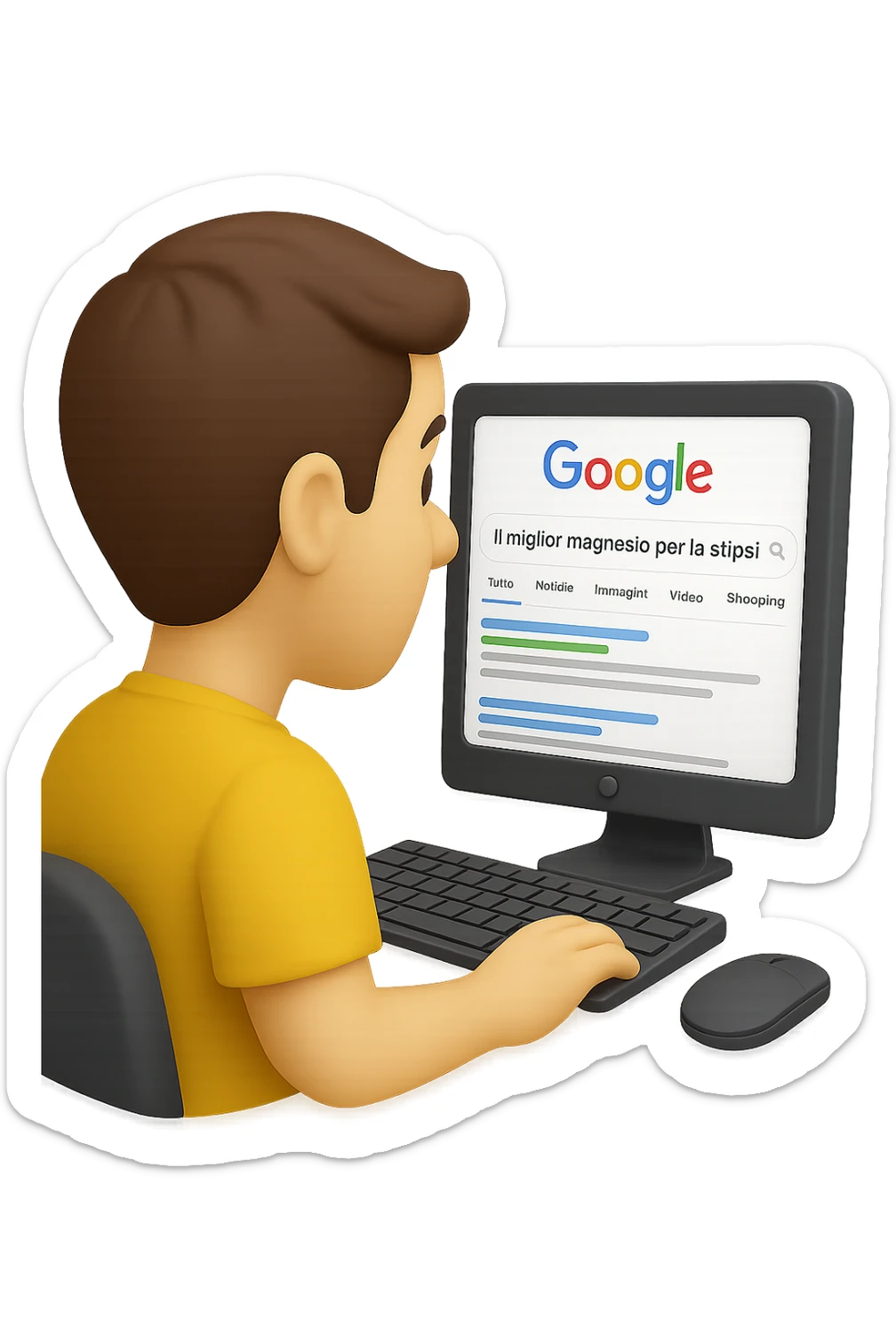 emoji stile iphone di un uomo davanti al pc che cerca di google: "Il miglior magnesio per la stipsi", iperrealistico 4k sticker