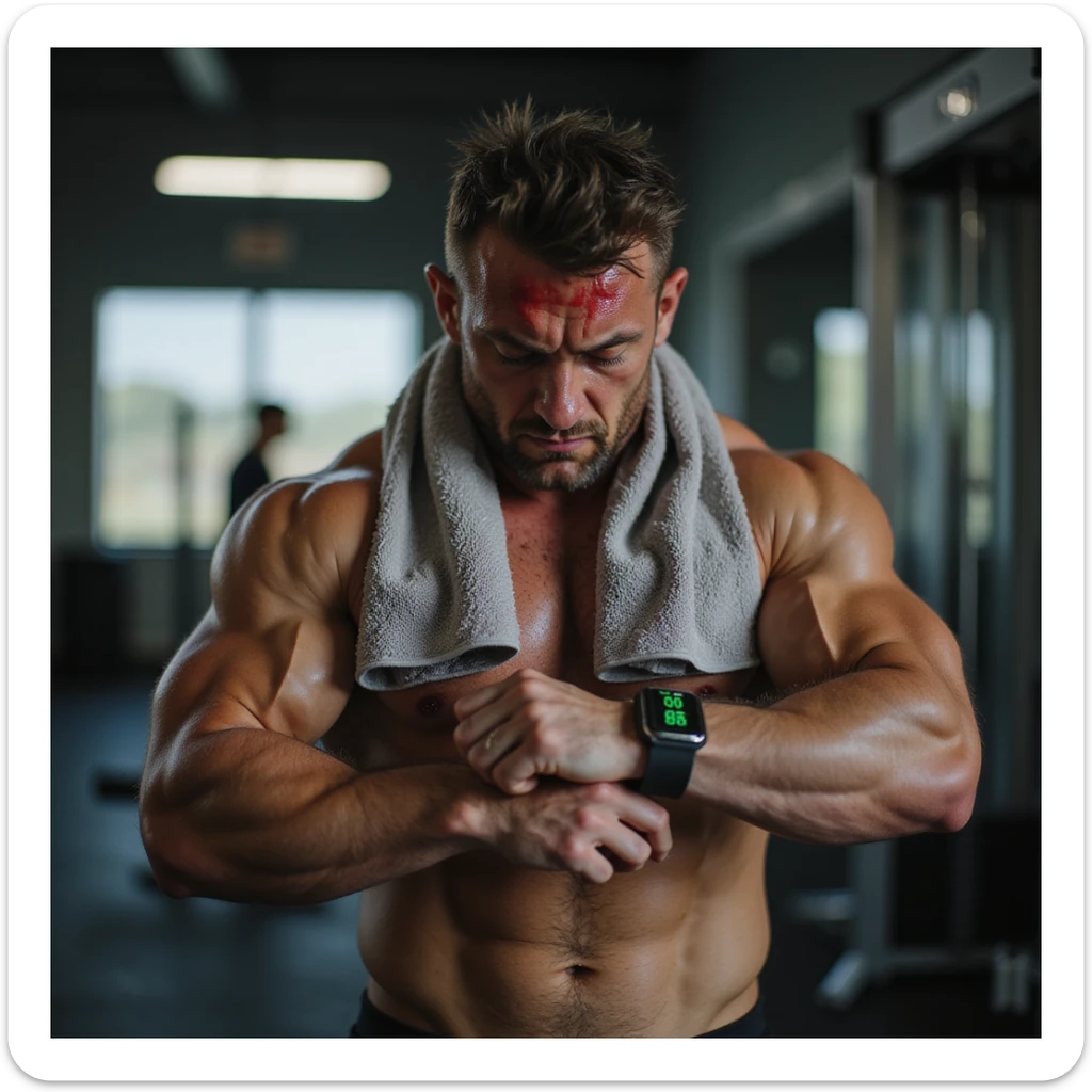 hyperrealistic 4K image of a muscular man in his 30s, breathing heavily, obsessively checking wrist heart rate monitor, face red and contorted with stress, sweat pouring, gym towel soaked, panic and fear in his eyes, gym setting sticker