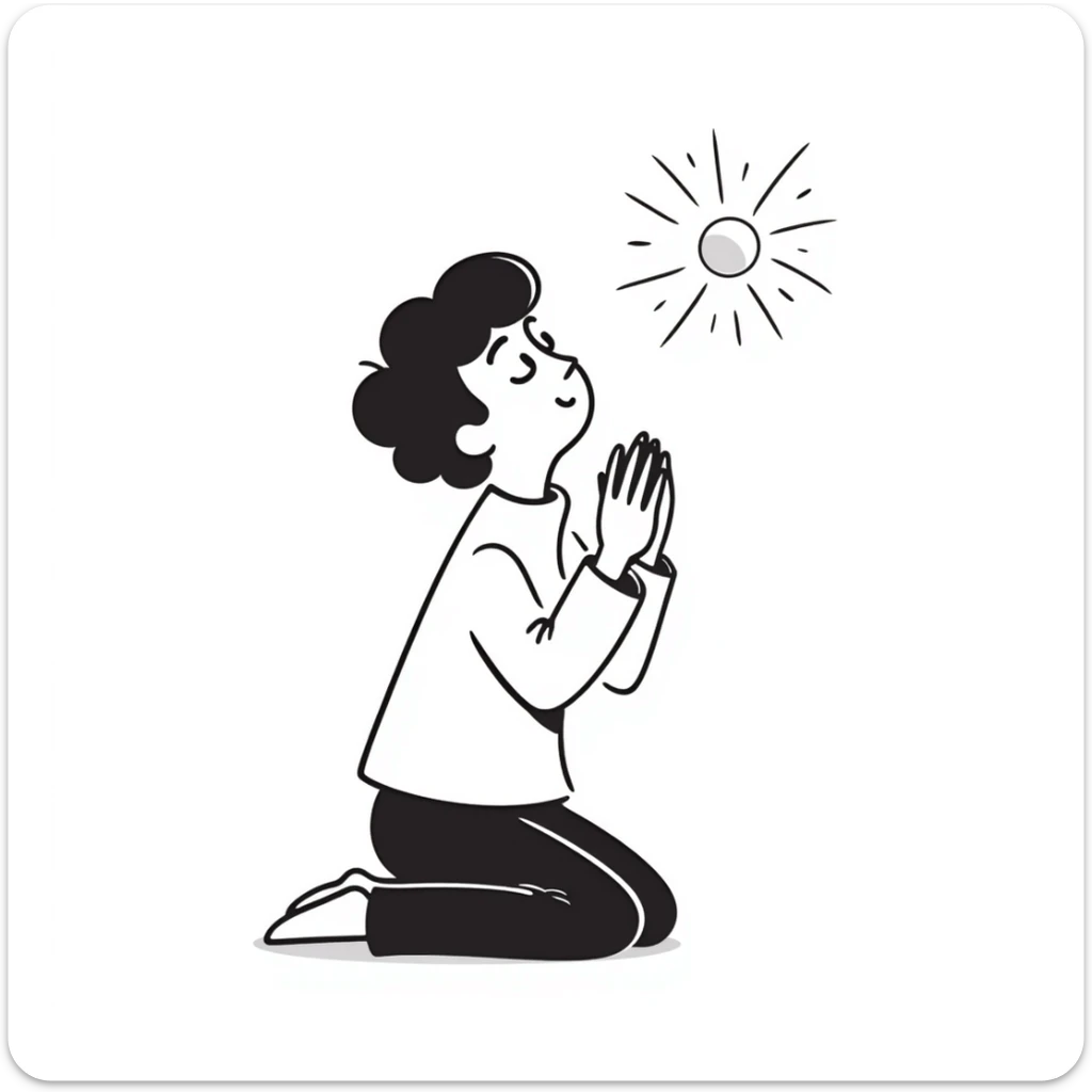 Person kneeling in prayer, talking to God, spiritual moment sticker