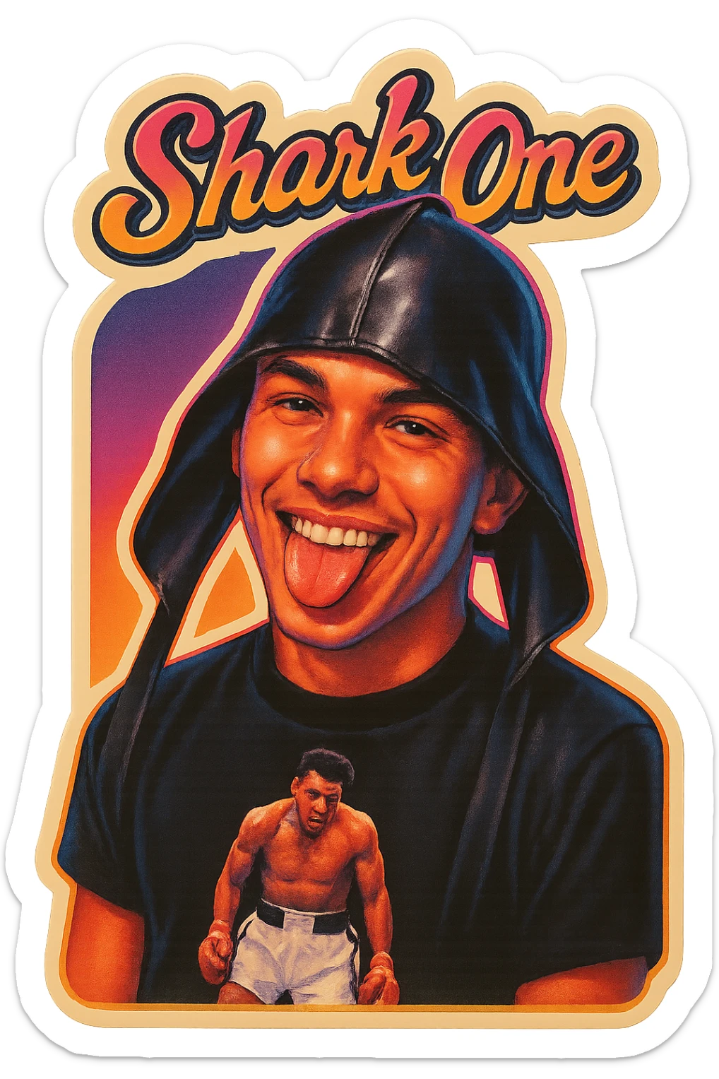 Make him Smiling with tongue sticking out
Add the words Shark One sticker