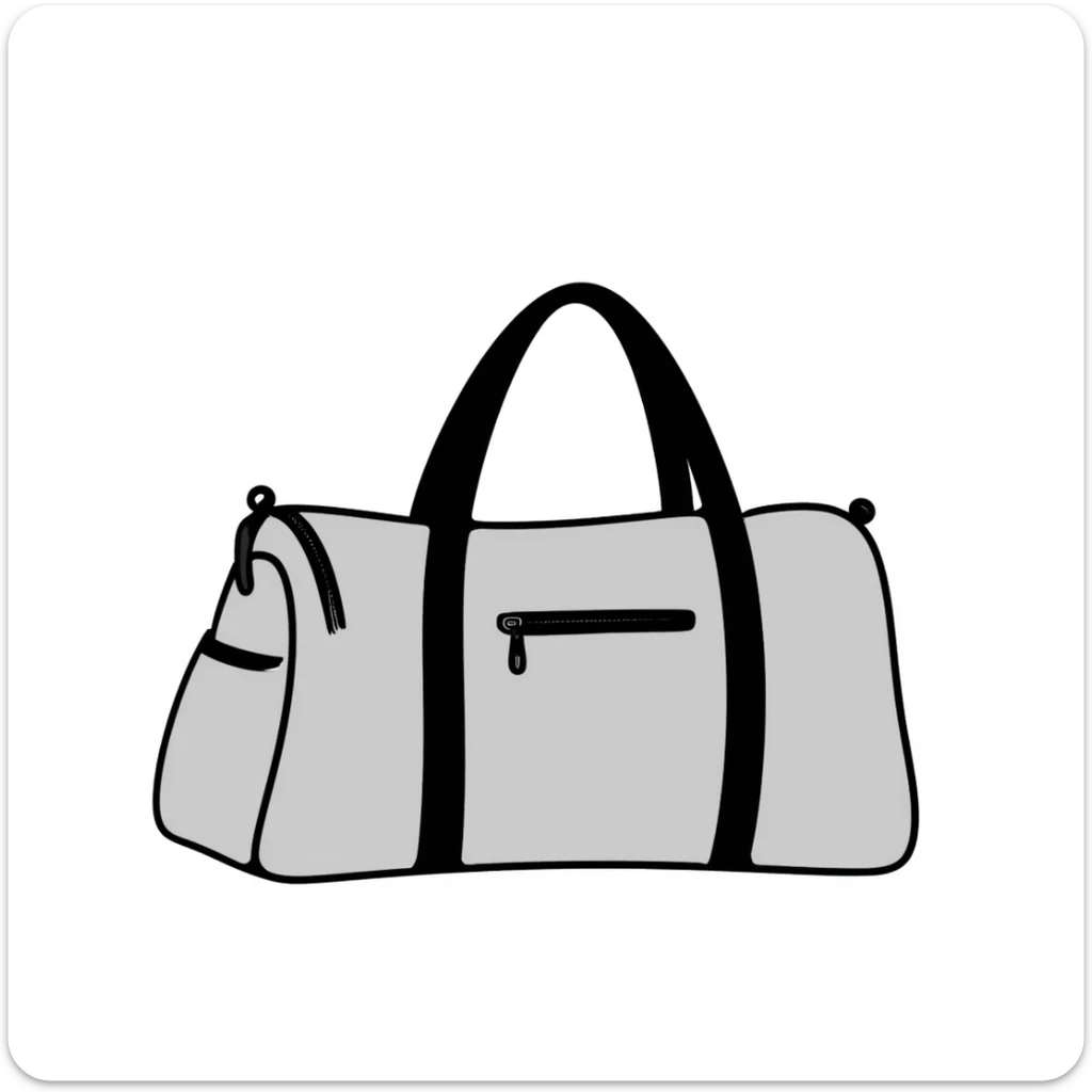 A sports duffel bag with straps and pockets in pastel colors (dd9fb0, ffc6d3, a3bfc9, c4bee2, f1b091), hand-drawn doodle style sticker